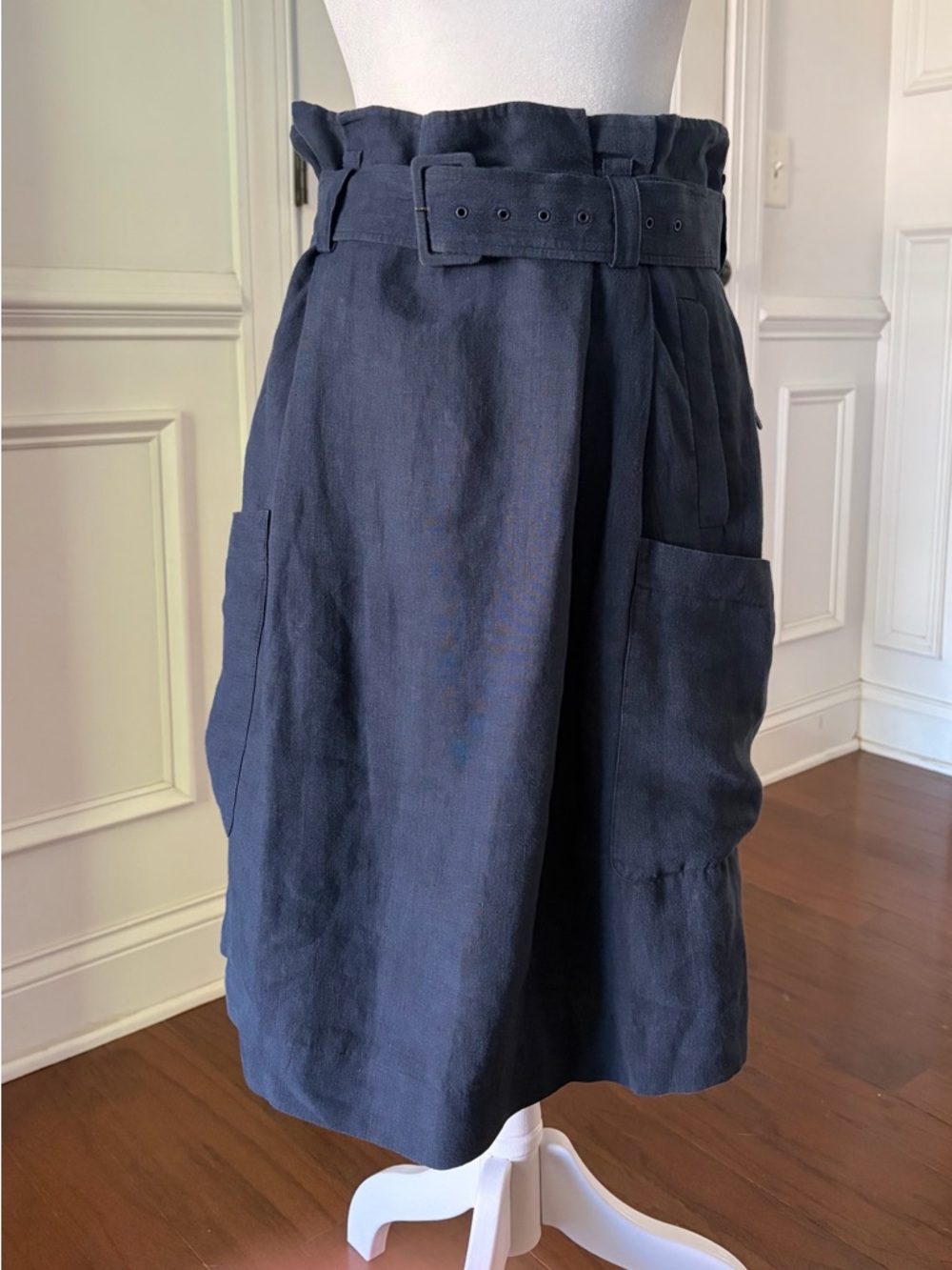 Tibi Annelie Linen Paperbag Skirt Navy (Size 8)